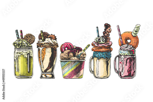 252_creamy dessert in a jar and glass_FreakShake_ice cream, milkshake with decoration, sweet dessert in different dishes, glass, paper, bowl, jar, vintage colorful drawing, graphics, isolated vector o