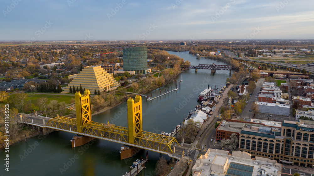 Fototapeta premium Aerial views of downtown Sacramento skyline and bridges.