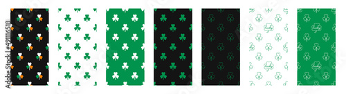 Set seamless patterns one line continuous clover with lucky text and silhouette shamrock with Irish colors flag design for Irish holiday st. Patrick's day vector illustration