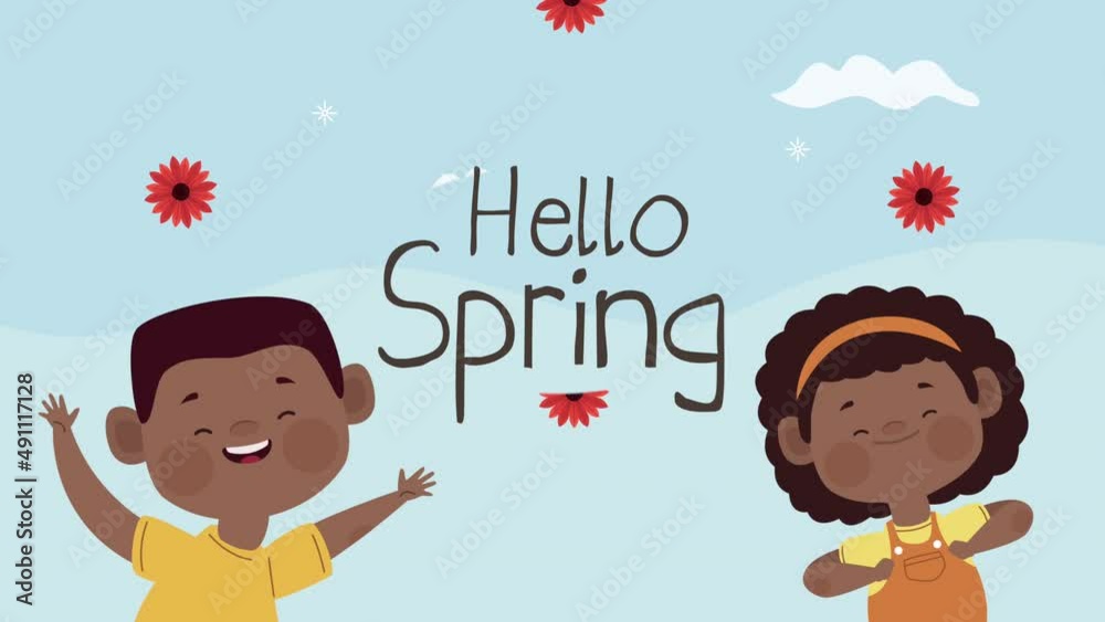 hello spring lettering with afro kids couple hello spring lettering with afro kids couple