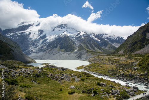 Glacier lake and water stream at Mount Cook National Park, New Zealand