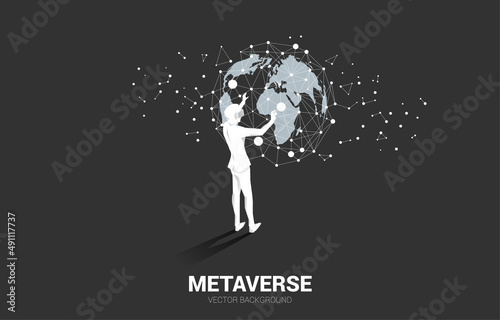 Silhouette businessman wear VR glasses with 3D world map. Concept of digital virtual reality technology and AR .