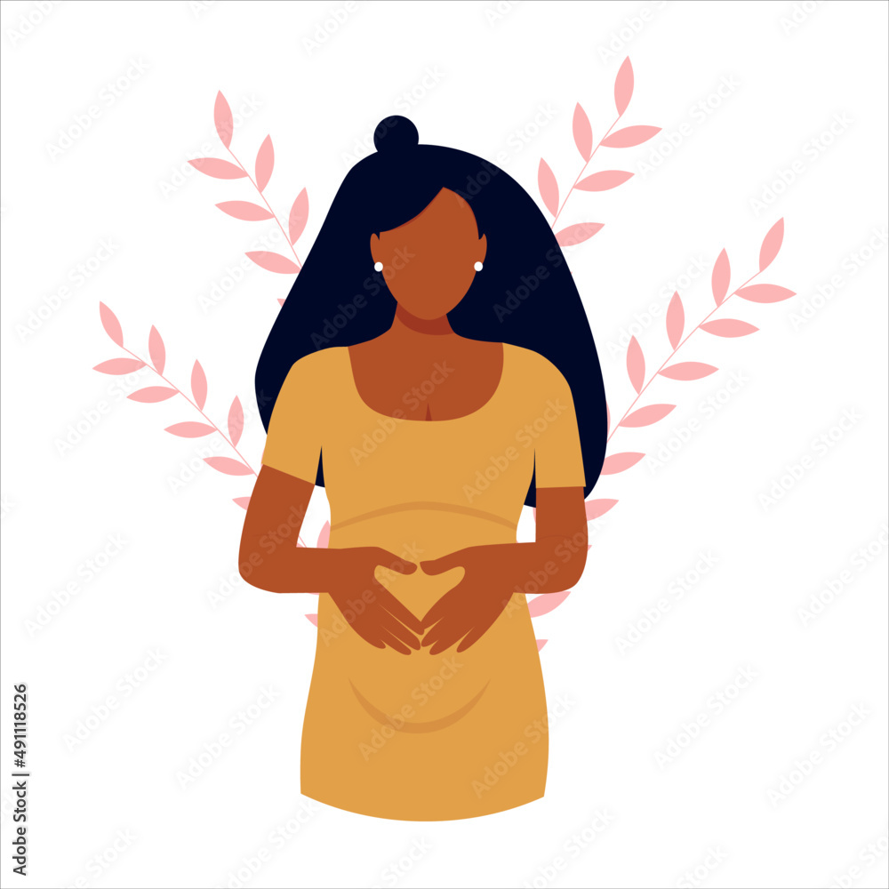 Pregnant woman with dark hair and skin, future mom hugging belly with arms. Pregnancy and motherhood concept. Vector illustration Pregnant woman with dark hair and skin, future mom hugging belly with arms. Pregnancy and motherhood concept. Vector illustration