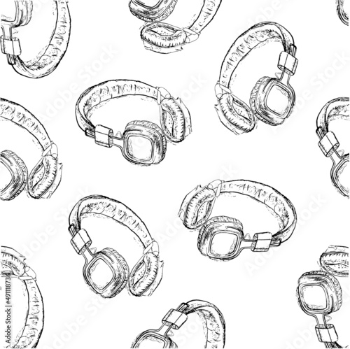 Hand drawn illustration with headphones isolated on white. Vector seamless pattern. Sketch style
