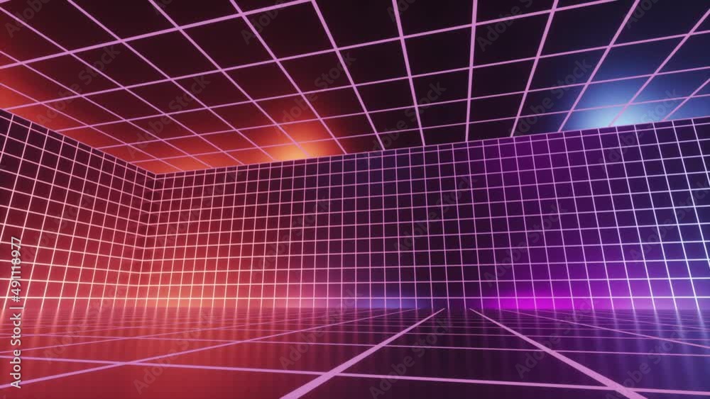 cycled 3d animation, abstract geometric background, rotating cyber space with grid inside the virtual reality. Spinning empty room glowing with pink blue neon light