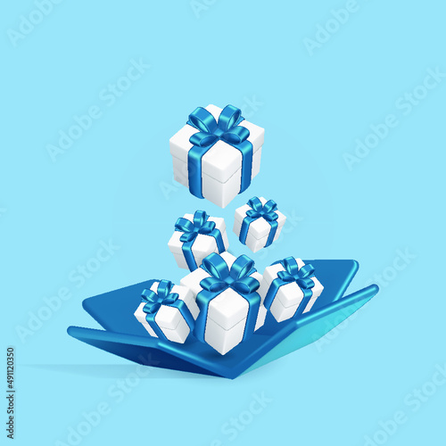 3d gift box with blue ribbon vector element for gift sale, christmas and another event