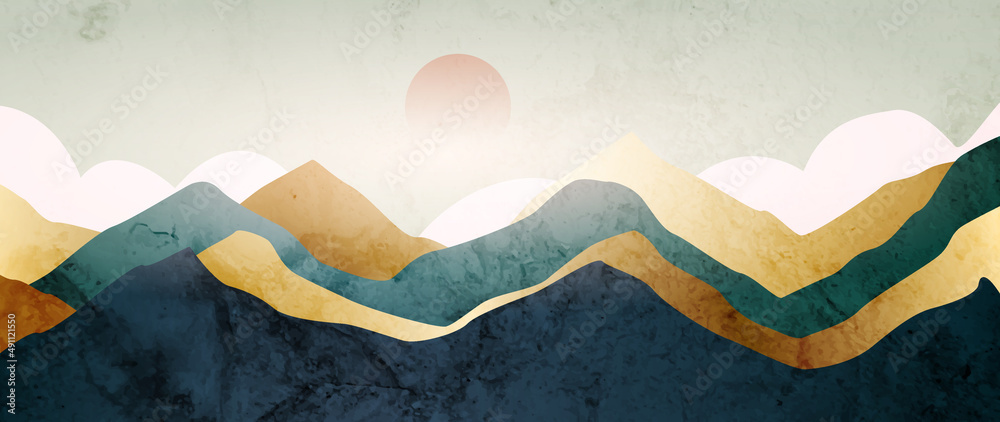 Abstract landscape art banner with golden and blue mountains and hills with sun. Vector luxury background for decor, wallpaper, print - obrazy, fototapety, plakaty 