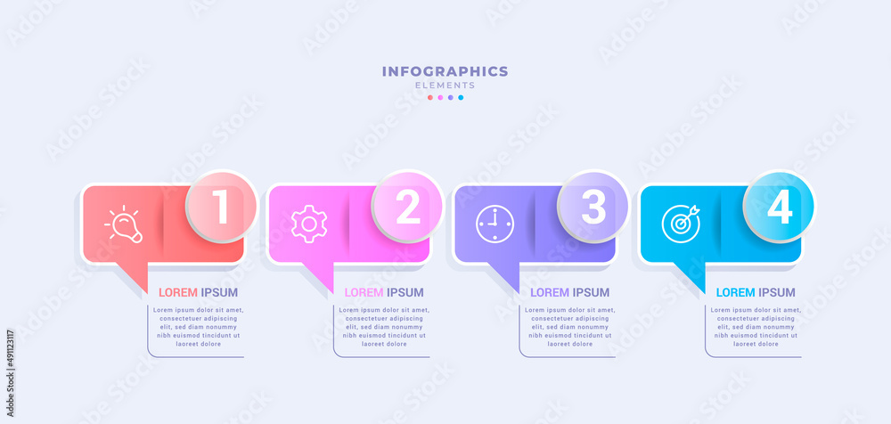 Four steps concepts message diagram business infographic template. glassmorphism style. creative design