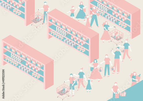 お店で行列に並ぶ人々