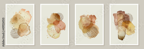 Creative minimalist hand painted Abstract art background with brown watercolor stain and Hand Drawn doodle golden color Scribble Circle. Design for wall decoration, postcard, poster or brochure.