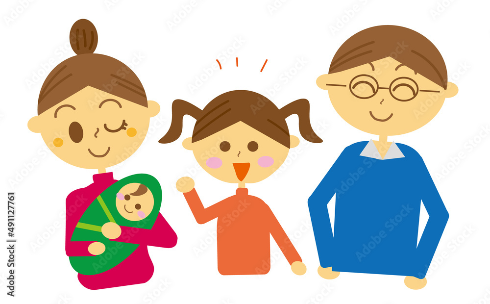 二人目の子供を出産して4人家族になった仲良し家族のイラスト。ファミリー・育児休暇