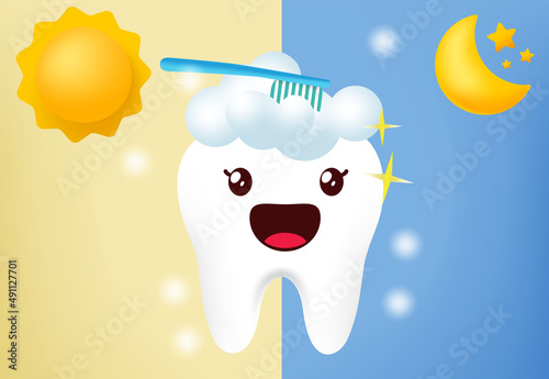 Toothbrush emoji characters vector design. Day and night teeth brushing healthy molar hygiene with healthy and protected tooth emoticon in blue background for kids oral health hygiene.