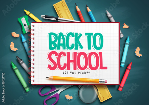 Back to school vector concept design. Back to school text in notebook item with crayons and pencil elements for educational learning objects. Vector illustration.
