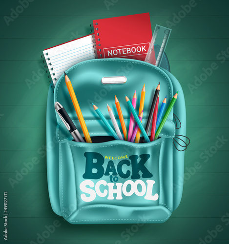 Back to school vector concept design. Welcome back to school text in backpack with educational items of color pencil and notebook for elementary education. Vector illustration.
