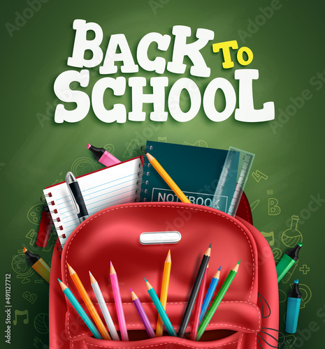Back to school vector design. Back to school text in chalkboard background with backpack and educational supplies elements for study and learn education. Vector illustration. 