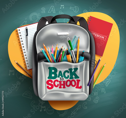 Back to school vector concept design. Welcome back to school text in backpack bag elements with educational items and pattern for education study learning. Vector illustration.
