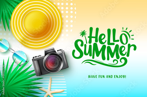 Summer vector background design. Hello summer typography text in gradient space with 3d hat, camera and sunglasses elements for tropical season greeting. Vector illustration.
