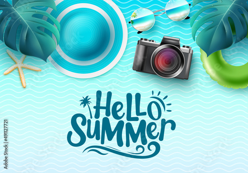 Summer vector background design. Hello summer typography text with hat, camera and leaves outdoor elements for tropical season holiday decoration. Vector illustration.
