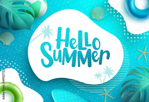 Summer vector template design. Hello summer text in abstract space with leaves, floater and water elements for relax tropical season greeting messages. Vector illustration. 