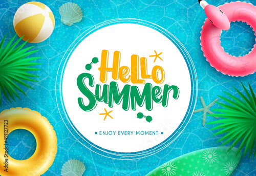 Summer vector template design. Hello summer greeting text in circle space with leaves and floaters in water background for fun and relax messages. Vector illustration.
