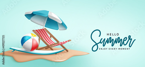 Hello summer vector design. Hello summer text with chair, umbrella and beach ball tropical elements in minimalist blue color for relax holiday season. Vector illustration.
