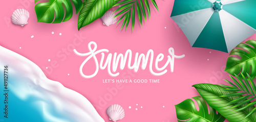 Summer vector background design. Summer typography text in pink sand seashore with tropical leaves and umbrella elements for relax and enjoy season. Vector illustration.
