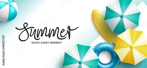 Summer vector background design. Summer text with umbrella, floater and surfboard hot season elements in minimalist space for enjoy and relax tropical holiday. Vector illustration.
