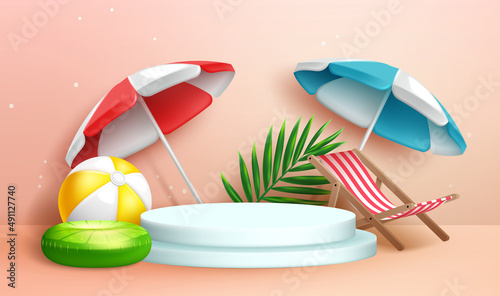 Summer photography design. Summer elements of umbrella, beach chair and floater beach ball in minimalist color background for studio decoration. Vector illustration.
