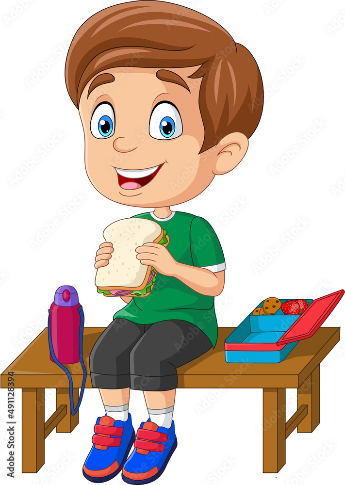 Cartoon little school boy eating bread Cartoon little school boy eating bread