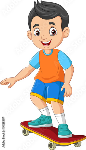 Cartoon happy little boy skateboarding