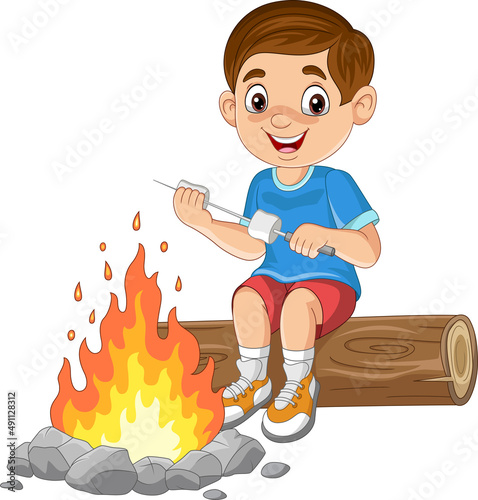 Cartoon little boy roasting a marshmallow