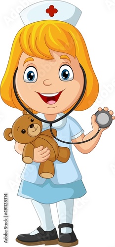 Cartoon little girl playing doctor with teddy bear toy and stethoscope
