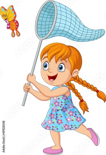 Cartoon little girl catching a butterfly