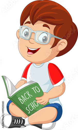Cartoon little boy sitting and reading a book