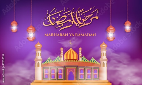 Marhaban ya Ramadan calligraphy with realistic mosque and hanging lamp on purple clouds background