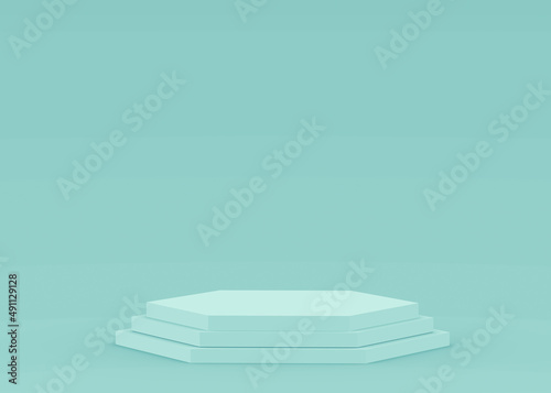3d blue green hexagon podium minimal studio background. Abstract 3d geometric shape object illustration render. Display for technology medical and science product.