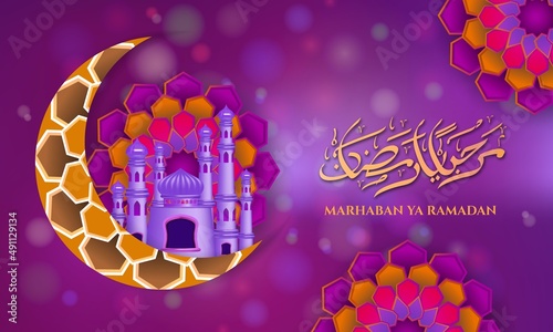 Marhaban ya Ramadan calligraphy with mosque glossy and mandala paper cut in purple bokeh background