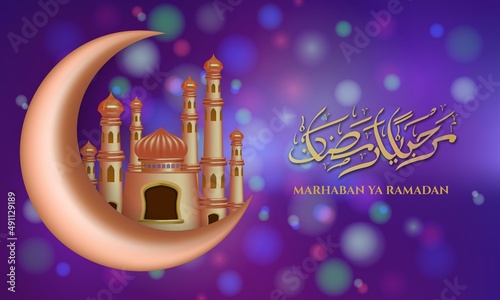 Marhaban ya Ramadan calligraphy with mosque glossy and crescent moon on blue night bokeh background