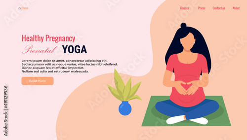 Banner or landing page about pregnancy and motherhood with place for text. Pregnant woman, future mom hugging belly with arms. Yoga for pregnant woman Vector illustration.