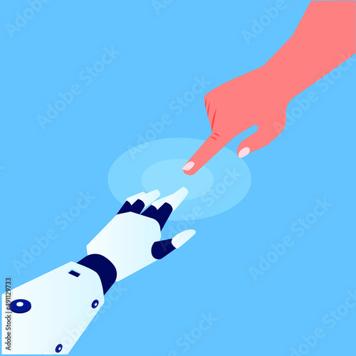 Robot index finger touching human index finger isometric 3d vector concept for banner, website, illustration, landing page, flyer, etc.