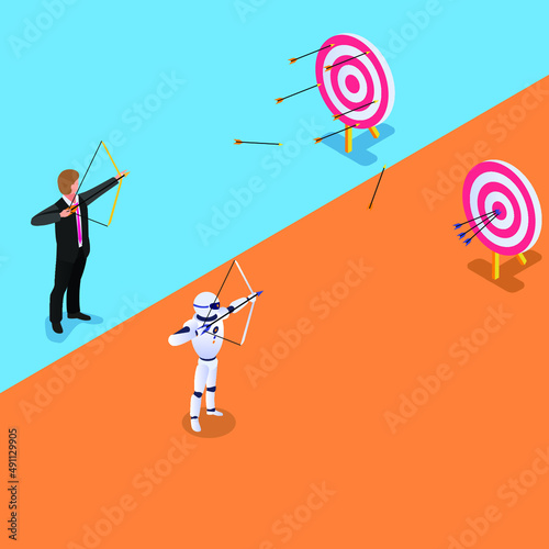 Robotic Process Automation - Robot versus Human in accuracy at work isometric 3d vector concept for banner, website, illustration, landing page, flyer, etc.