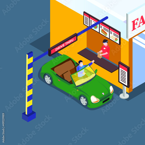 Customer drive thru buying fast food isometric 3d vector concept for banner, website, illustration, landing page, flyer, etc.