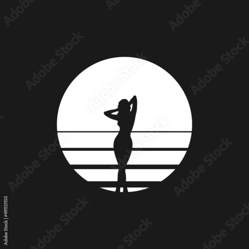 Retrowave sun 1980s style with the sexy woman silhouette. Black and white striped sun with hot woman silhouette. Design element for retrowave style projects. Vector