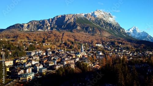 City of Cortina d Ampezzo in the Dolomites Italian Alps - aerial view - travel photography