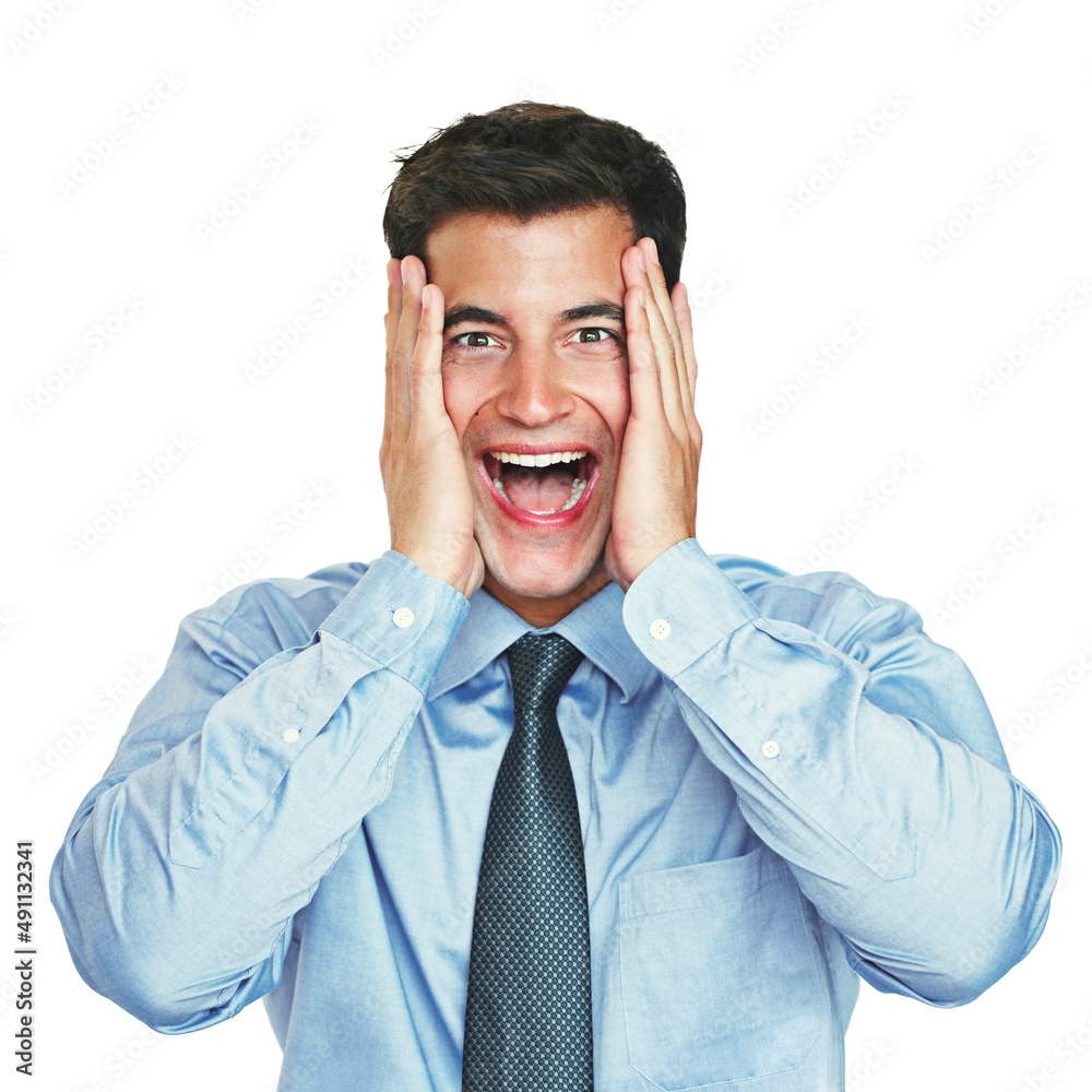 Expressing himself in the business world. Studio portrait of a young businessman looking surprised against a white background. Expressing himself in the business world. Studio portrait of a young businessman looking surprised against a white background.