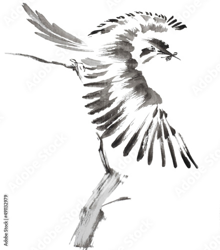 Gotcha (bird with spreaded wings starting to fly from a branch, got an insect in its beak, painted with ink on xuan paper, oriental style)
