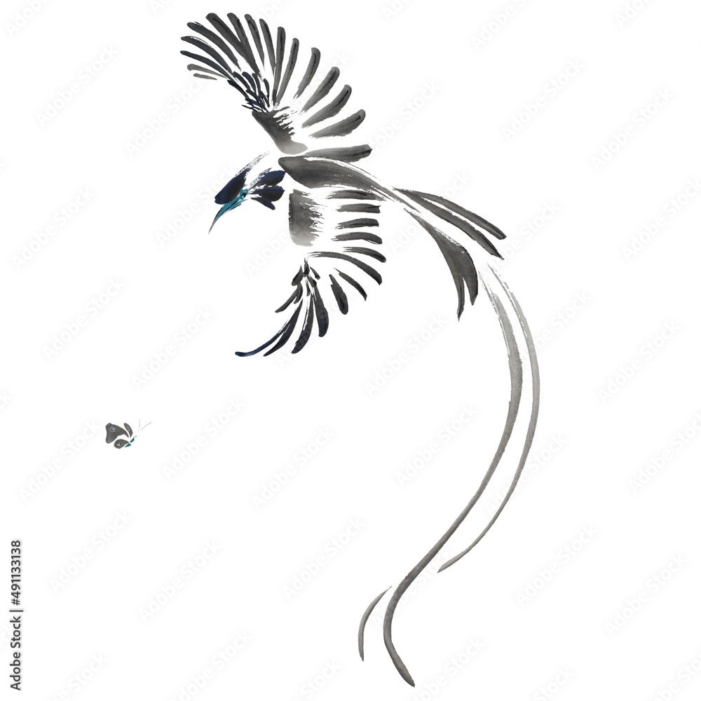 Fototapeta premium Fly-catcher and butterfly (bird with a long tail in persuit, painted with ink and watercolors on xuan paper, oriental style). Texture of paper and brush strokes - intact. Background`s been removed. 