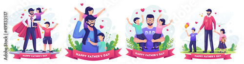 Set of  Happy Father's day with Father playing with his childrens. Father as super hero. Flat style vector illustration © agny_illustration