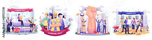 Set of Labour Day with A Group Of People Of Different Professions. Businessman, Chef, Policewoman, construction workers. Flat style vector illustration
