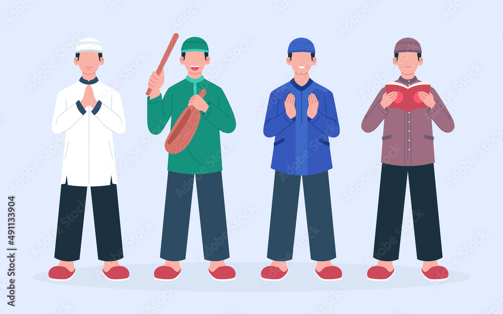 Group of Muslim characters.  Flat cartoon character set isolated on blue background